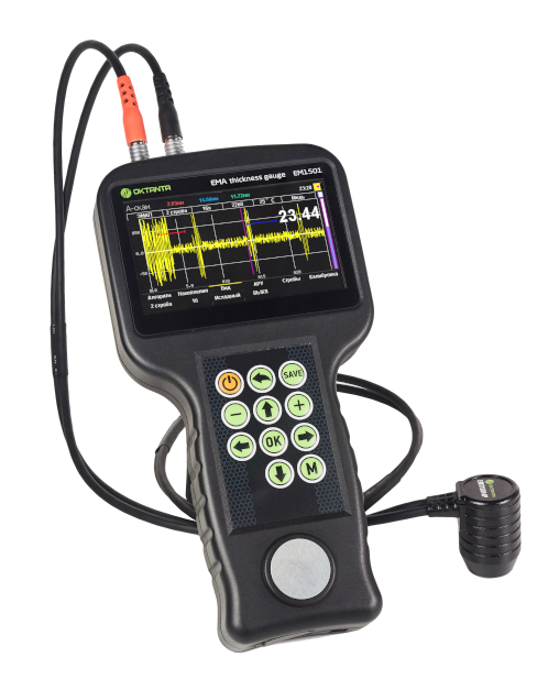 EM1501 Medidor de espesor por ultrasonidos Funciona con el transductor de electroimán pulsado.
Funciona con transductores EMA+Piezoeléctricos